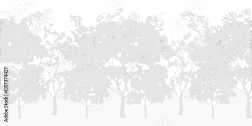 A grayscale illustration depicting a dense row of stylized trees