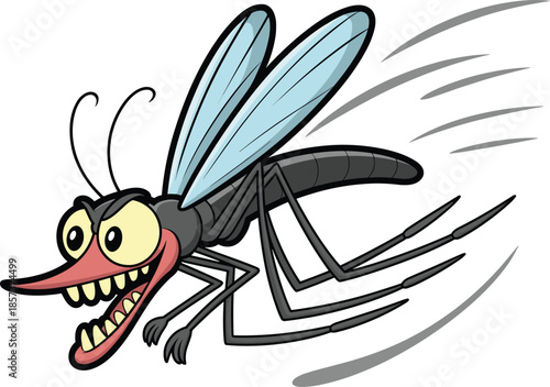 Aggressive cartoon mosquito mascot with a long proboscis and sharp teeth flying at high speed for pest control and insect repellent marketing vector