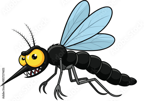 Aggressive cartoon mosquito mascot with yellow eyes and sharp teeth flying for pest control insect repellent and health awareness vector illustration