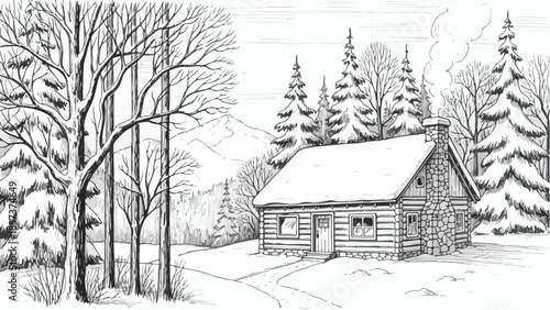 Charming snow-covered log house in a winter landscape with pine trees