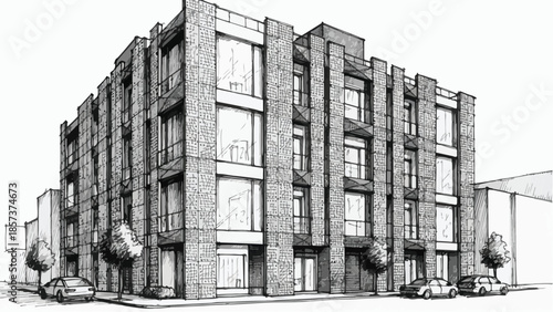 Detailed architectural sketch of a multi-story modern office or residential building