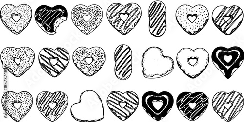 Black and White Line Art Hand-Drawn Heart-Shaped and Oblong Donut Collection for Food Industry, Confectionery, and Valentine's Day Designs  Sweet Pastry Vector Set with Glaze