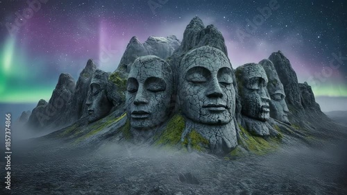 Ancient mountain faces bathed in aurora borealis