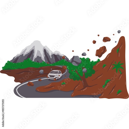 Landslide Disaster Mountain Road Illustration With Soil Debris