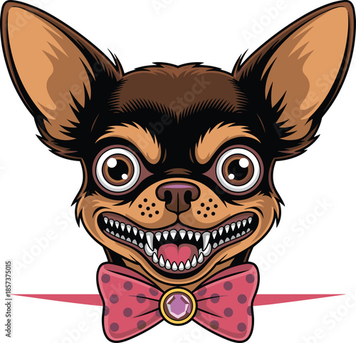 Aggressive brown Chihuahua dog head mascot with bared teeth and large eyes wearing a pink polka dot bowtie vector illustration