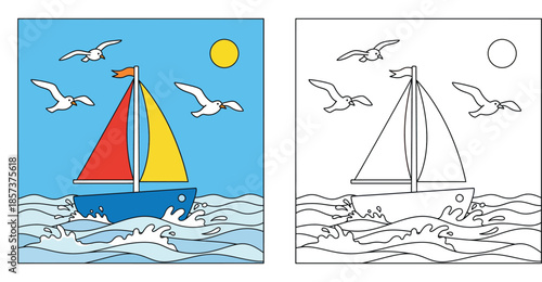 Sailboat on the sea coloring book page. Vector illustration of a ship with seagulls and sun in flat color and black and white outline style for kids activity.