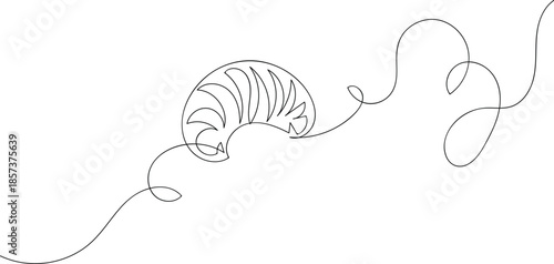 One continuous line drawing of french croissant. Abstract continuous line artwork showing a graceful nautilus shell with dynamic curves. This minimalist artwork features a single, unbroken black line 