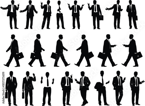 Black silhouette of businessmen in suits walking standing and gesturing in various professional poses for corporate office and leadership concepts