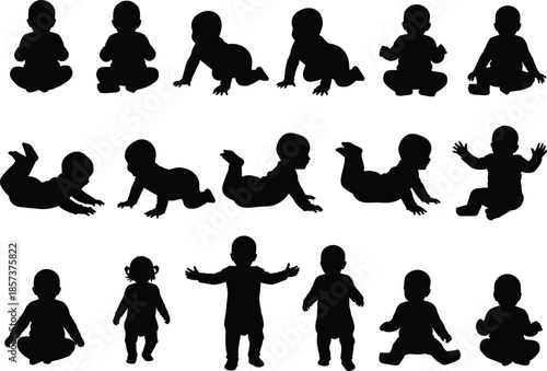 Comprehensive Vector Collection of Baby Silhouettes Showcasing Developmental Milestones Like Sitting Crawling Standing and Walking for Early Childhood Education Design