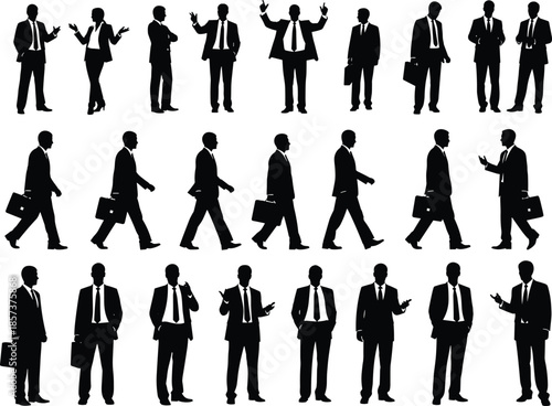 Silhouette of professional business people in suits walking standing and gesturing in various corporate poses for office and work concepts