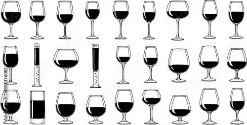 Diverse Wine Glasses and Drinkware Collection in Black and White Line Art Style  Vector Illustration Set for Beverage, Food, and Restaurant Industry Designs