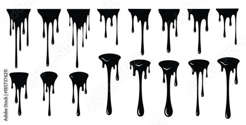 Collection of diverse black dripping paint and slime silhouettes providing various styles of liquid overflow effects perfect for graphic design elements or spooky decoration concepts.