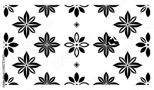 Black and white geometric flower seamless pattern vector for modern textile and wallpaper design