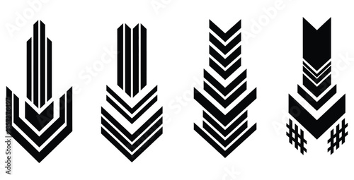Collection of four distinct black and white stylized downward pointing arrow icons featuring modern geometric abstract designs ideal for navigation or infographic elements