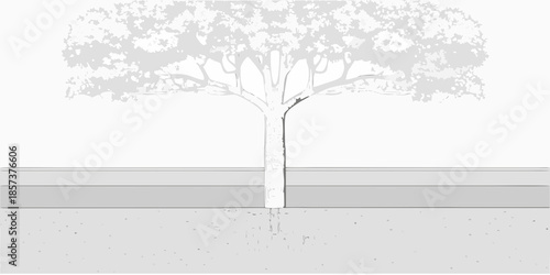 A solitary tree stands prominently against a simple background landscape