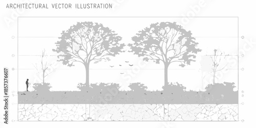 Architectural landscape illustration featuring trees shrubs and a person in silhouette