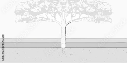 A solitary tree stands prominently against a simple landscape background