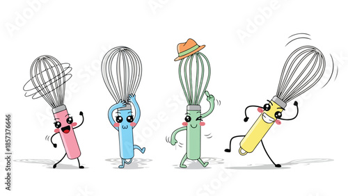 Four Lively Cartoon Whisks Dancing Happily Together in a Cheerful Kitchen Scene