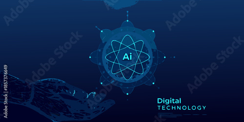 Futuristic digital technology concept with an ai core and robotic hand
