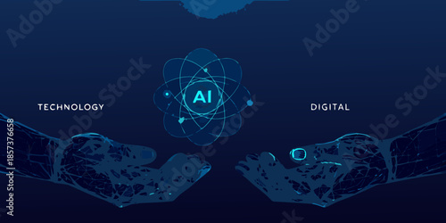 Artificial intelligence concept with hands holding a glowing ai core structure