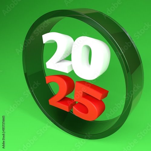 2025 inside glass circle, on green background - 3D rendering animation