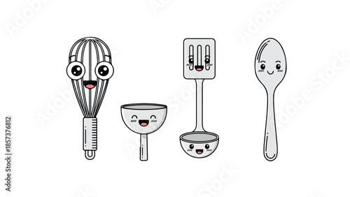 Adorable kitchen tools with happy faces for a delightful cooking experience