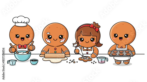Adorable Gingerbread Family Happily Baking Delicious Cookies and Sweet Treats