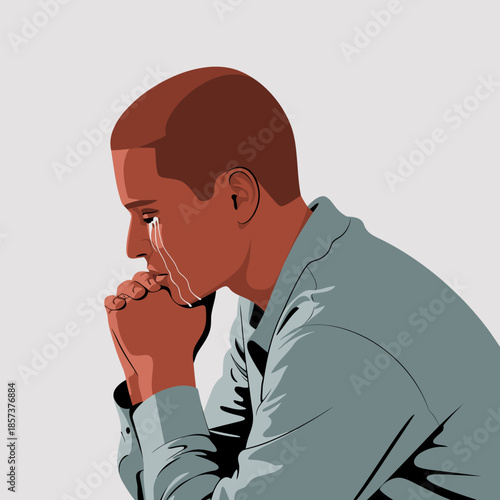 A man sits in contemplation with a tear rolling down his cheek, evoking a powerful emotional depth and vulnerability through his expressive pose and somber expression.