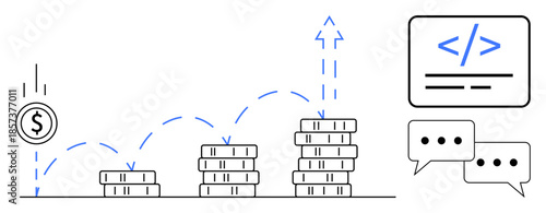 Investment strategies, financial technology, coding, business innovation, economic growth, communication tools. Stacks of coins with upward arrow, coding symbol and chat bubbles. Financial