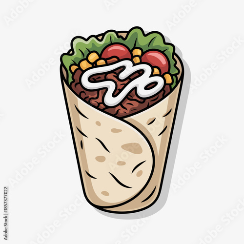 This vibrant image displays a delicious wrap filled with fresh vegetables and meat, showcasing food art that highlights healthy eating and culinary creativity.