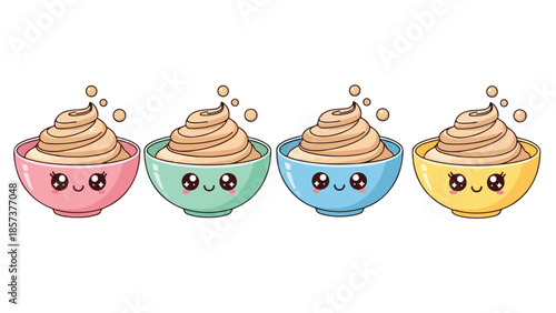Cute little bowls of delightful soft serve with happy faces