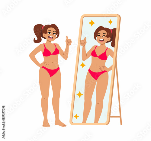This cheerful illustration portrays a young girl in a red swimsuit happily posing in front of a mirror, celebrating body positivity and self-acceptance with a thumbs-up.