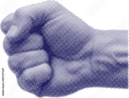 Vector art of fist hand gesture, blue halftone dot pattern graphic illustration