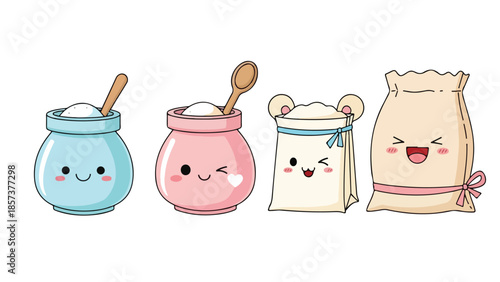 Adorable Kawaii Style Baking Ingredients Jars and Bags Cartoon Illustration