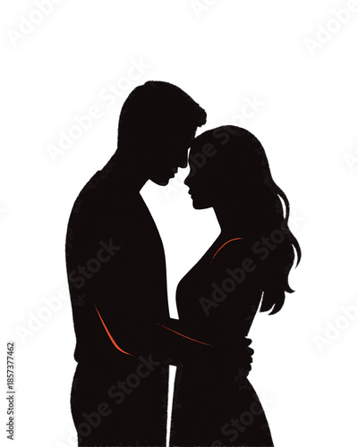 A tender embrace: silhouette of a loving couple with heads touching, symbolizing deep connection and affection isolated on white background