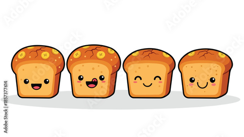 Four Delightful Loaves of Bread with Adorable Smiling Cartoon Faces