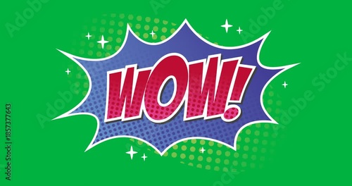 Animation of vintage comic cartoon speech bubble with Wow! text written in red letters moving
