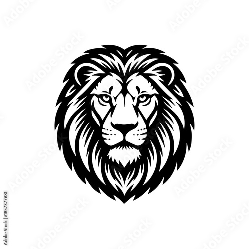Black and white illustration of a lion’s head with bold mane, symmetrical design, and intense forward-facing gaze