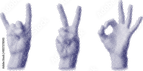 Vector art of three blue halftone dot pattern hand signs rock on, peace or victory sign, and ok gesture, displayed side by side in a graphic style