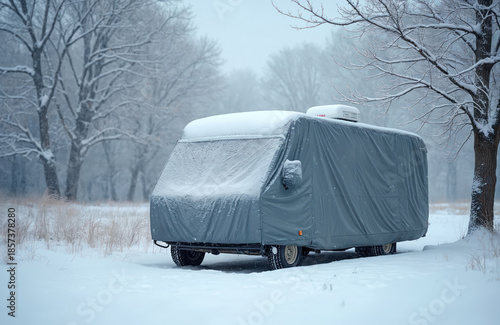 RV camper vehicle covered with protective tarp rests in snowy winter landscape. Vehicle parked on snow covered field with bare trees in background. Outdoor scene.