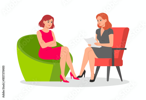 Two women are engaged in a therapy session, representing communication and emotional support between individuals through attentive listening and discussion.