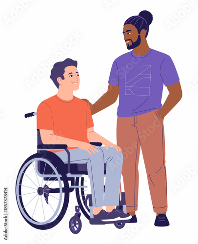 A heartfelt moment showing a young man in a wheelchair interacting happily with a standing friend, highlighting the importance of support and companionship in the journey of life.