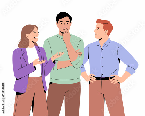 Three young professionals are engaged in a lively conversation, showcasing camaraderie and teamwork. Their casual attire and expressions reflect a positive exchange of ideas.