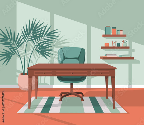 This illustration portrays a modern home office environment with a desk, chair, and decorative plants, highlighting the importance of a stylish and productive workspace for creative professionals.