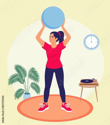 A positive illustration of a woman lifting a large blue exercise ball, combining strength and fitness in an engaging environment, promoting a lively lifestyle and physical well-being.