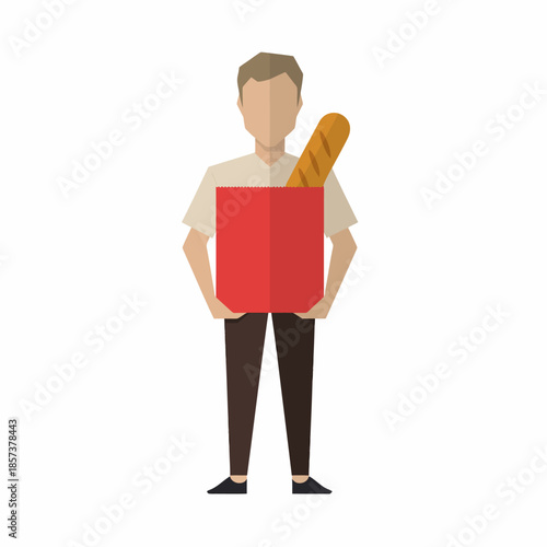 A cheerful man presents a red bag containing a fresh baguette, representing the joy of shopping for fresh bread and culinary delight in everyday life.