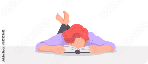 The illustration captures a person deeply engrossed in reading a book, highlighting the serenity and escapism associated with the world of literature and storytelling.