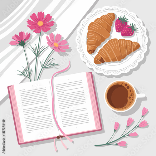 A cozy breakfast scene featuring a book, croissants, strawberries, and a cup of coffee, perfect for enjoying a relaxed morning filled with indulgence and warmth.
