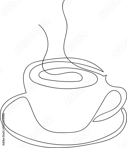 Continuous line drawing of cup of coffee or tea. Minimalist continuous line art drawing of a steaming coffee cup on a saucer. A simple yet elegant continuous line art illustration depicting a steamin