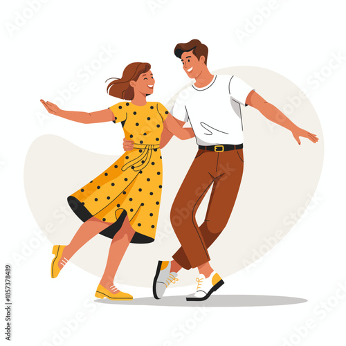 A joyful couple dancing together in a playful manner, dressed in retro-style clothing, conveying happiness and spontaneity, perfect for themes of love and celebration.